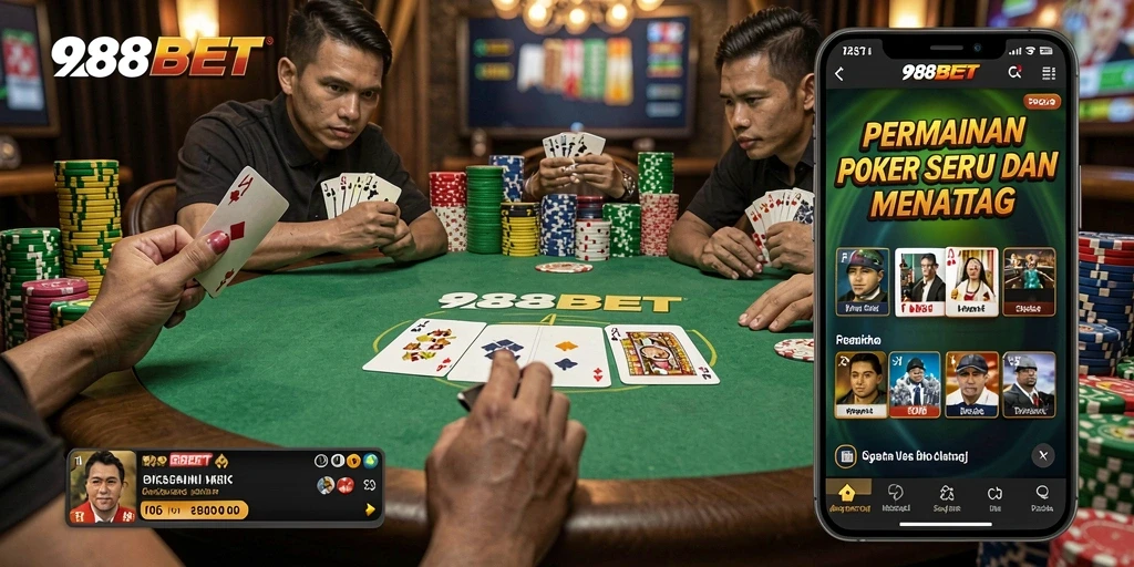 Screenshot utama 988BET menunjukkan gameplay poker yang menegangkan.