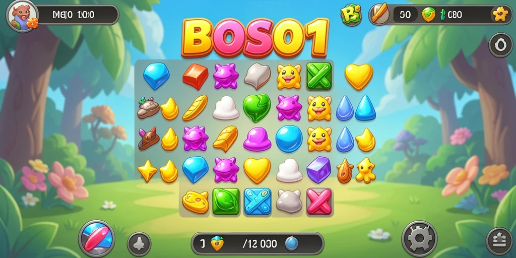 Screenshot utama BOS01 menampilkan gameplay seru Match-3 dengan grafis yang cerah.