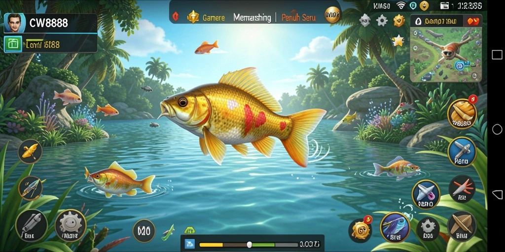 Screenshot gameplay CW8888 menunjukkan aksi memancing yang seru dan menegangkan.