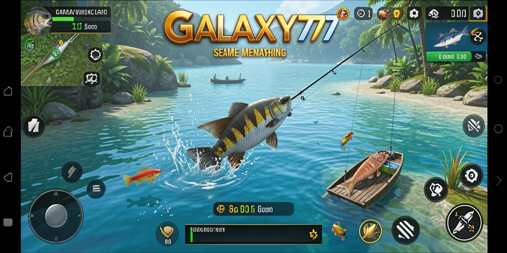 Screenshot GALAXY77 menunjukkan aksi memancing di lokasi yang indah.