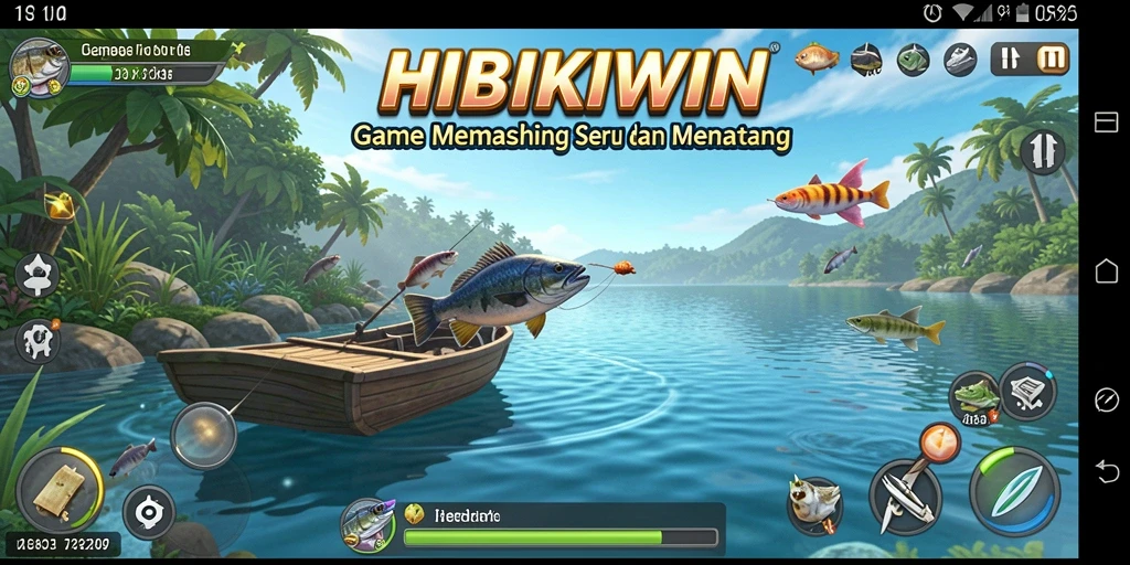 Gameplay HIBIKIWIN menampilkan aksi memancing di laut yang menegangkan.