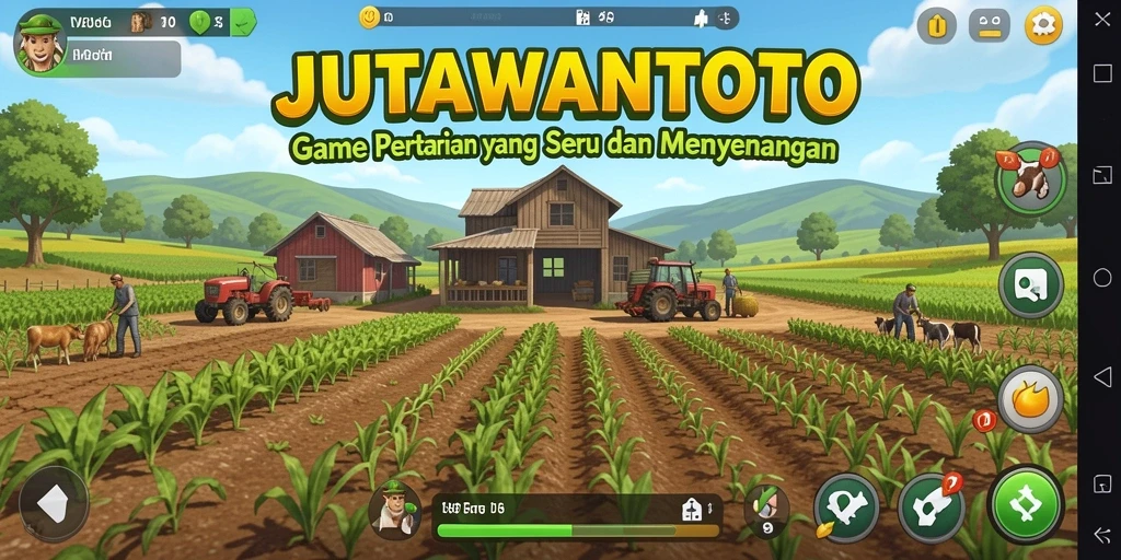 Tangkapan layar utama gameplay JUTAWANTOTO menunjukkan ladang yang subur dan aktivitas bertani.