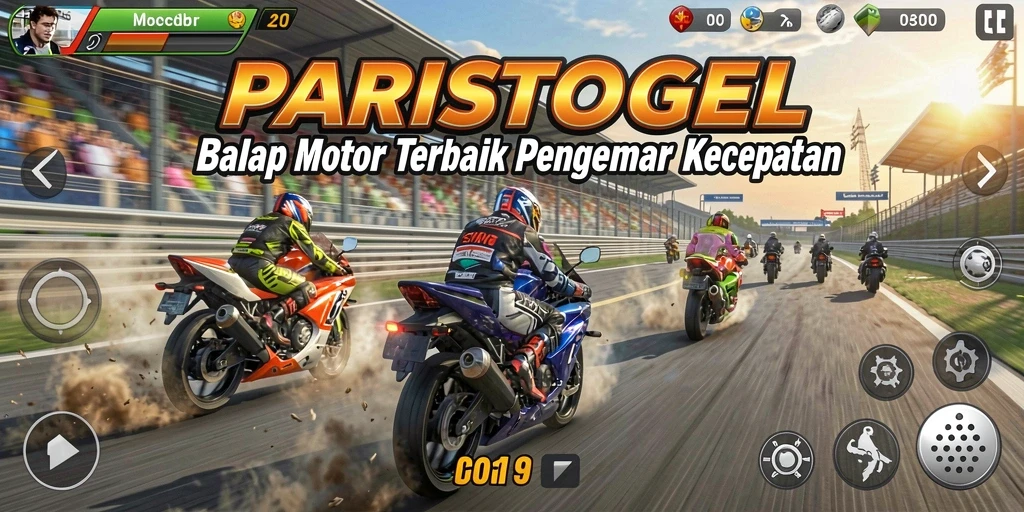 Screenshot gameplay balapan motor PARISTOGEL menampilkan aksi mendebarkan di trek.