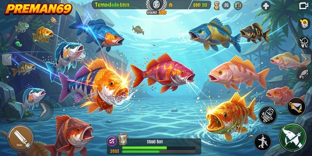 Tampilan gameplay seru dalam PREMAN69 dengan aksi Tembak Ikan.