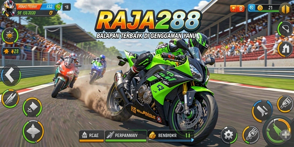 Screenshot utama RAJA288 menunjukkan gameplay mendebarkan balapan motor.