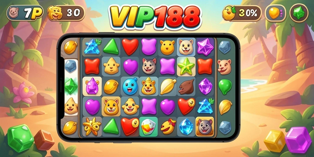 Screenshot utama gameplay VIP188 menampilkan momen mencocokkan elemen Match-3.
