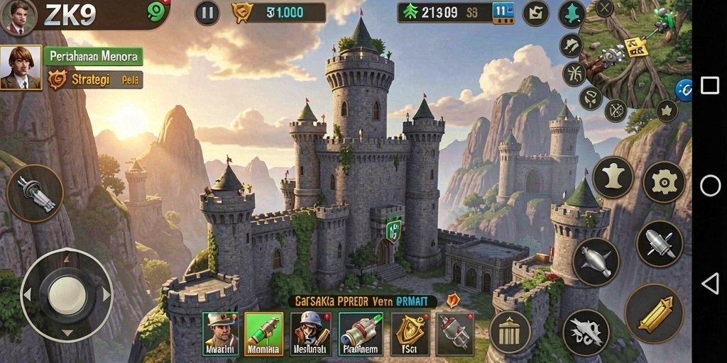 Screenshot gameplay ZK9 dengan desain menara yang menarik.